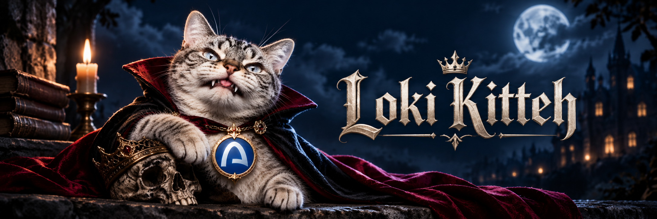 Loki Kitteh lounging in a moonlit gothic castle with candlelight and the title Loki Kitteh in antique gold
