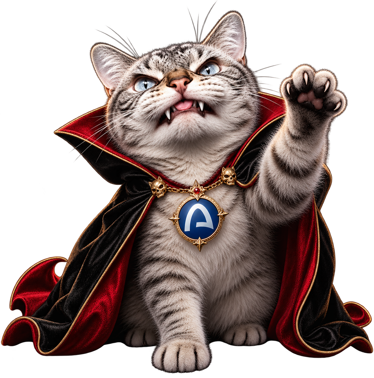 Loki Kitteh — grey tabby cat in a black and red vampire mantle with tiny fangs and an ARC medal, paw raised